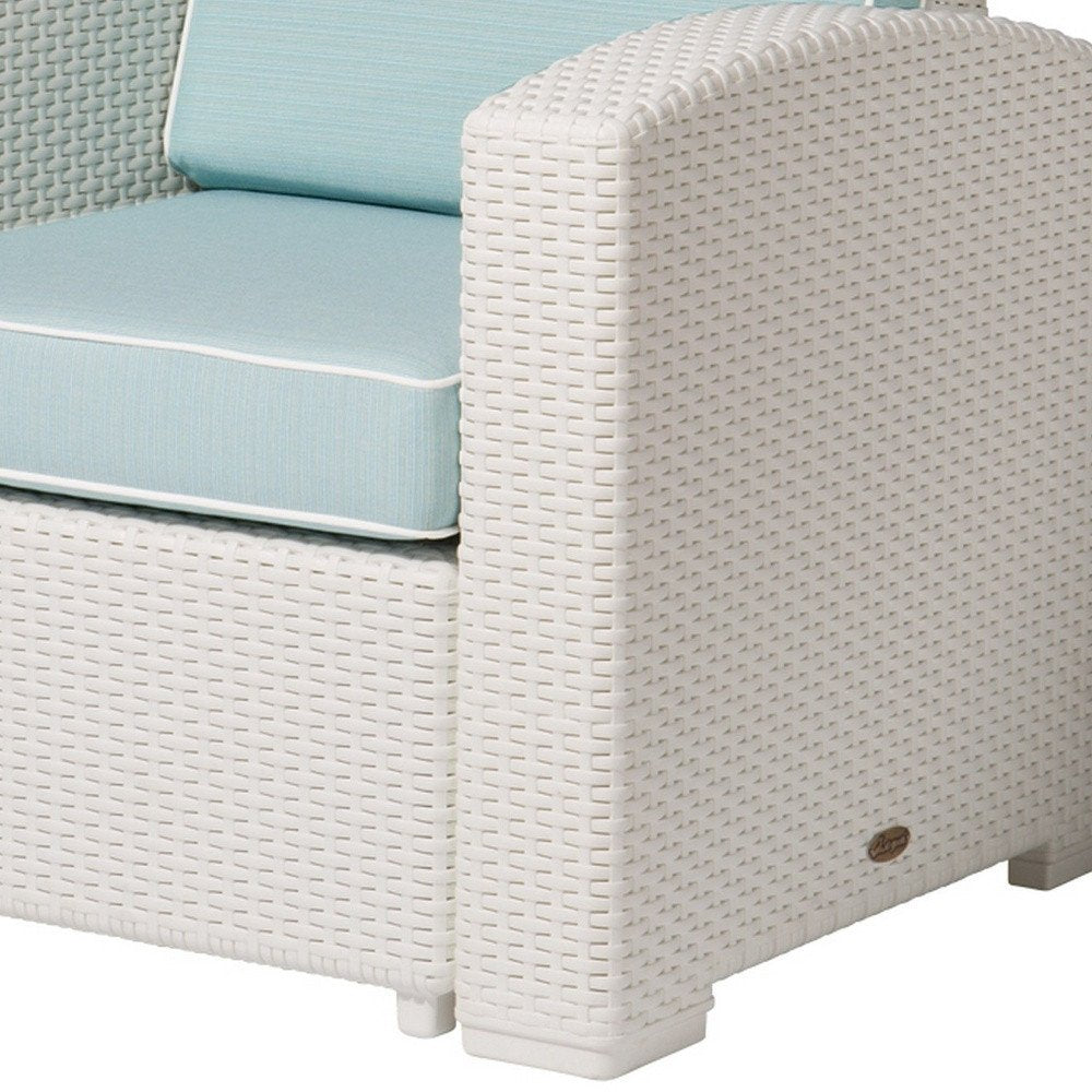 33" White Heavy Duty Plastic Outdoor Club Chair With Aqua Blue Cushion