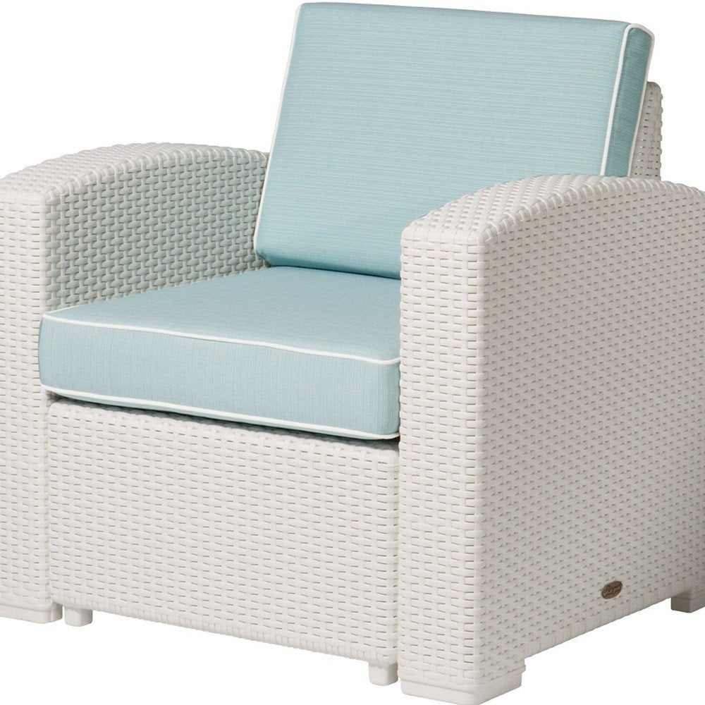33" White Heavy Duty Plastic Outdoor Club Chair With Aqua Blue Cushion