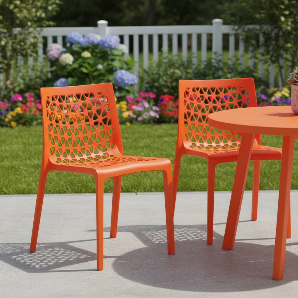 Set of Two Orange Heavy Duty Plastic Outdoor Stacking Dining Chairs