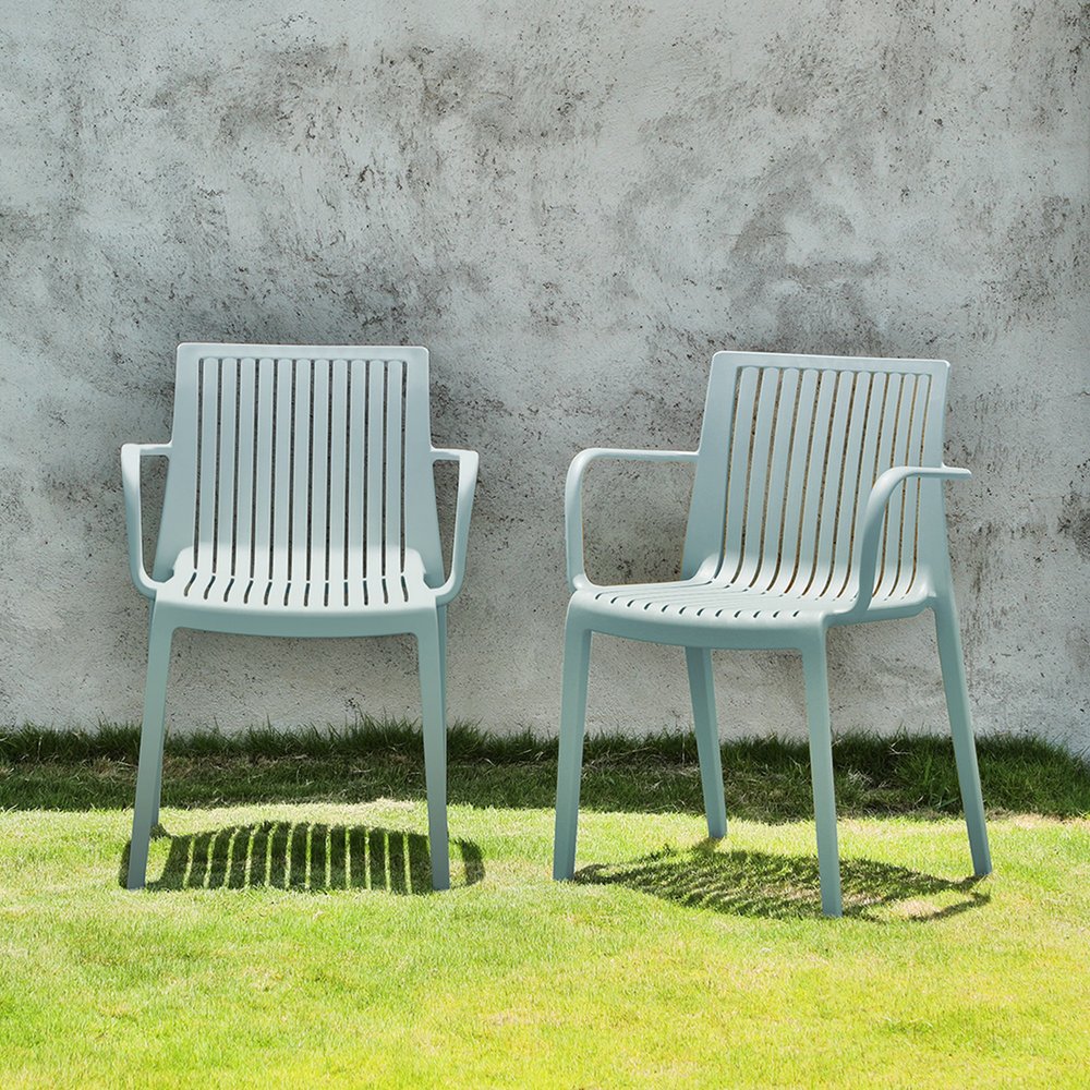 Set of Two Baby Blue Heavy Duty Plastic Outdoor Stacking Arm Chairs