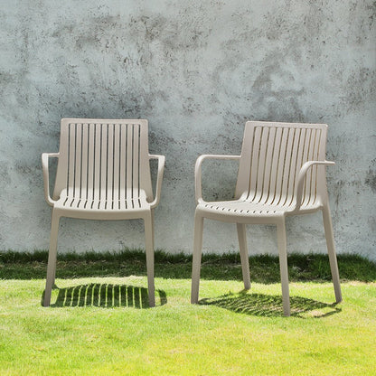 Set of Two Taupe Heavy Duty Plastic Outdoor Stacking Arm Chairs