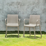 Set of Two Taupe Heavy Duty Plastic Outdoor Stacking Arm Chairs