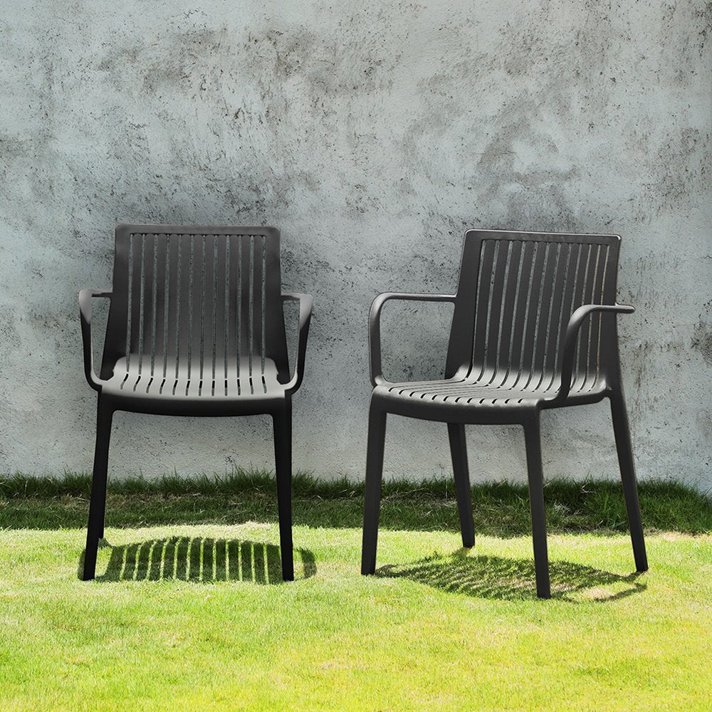 Set of Two Black Heavy Duty Plastic Outdoor Stacking Arm Chairs