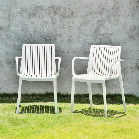 Set of Two White Heavy Duty Plastic Outdoor Stacking Arm Chairs