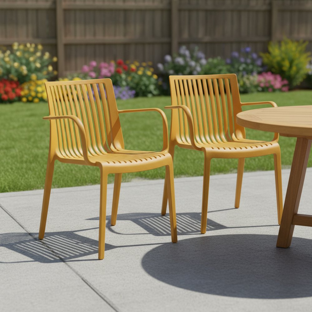 Set of Two Yellow Heavy Duty Plastic Outdoor Stacking Arm Chairs