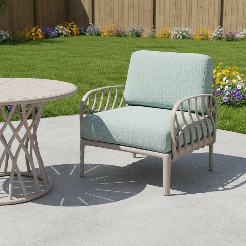 31" Gray Heavy Duty Plastic Outdoor Armchair With Sea Green Cushion