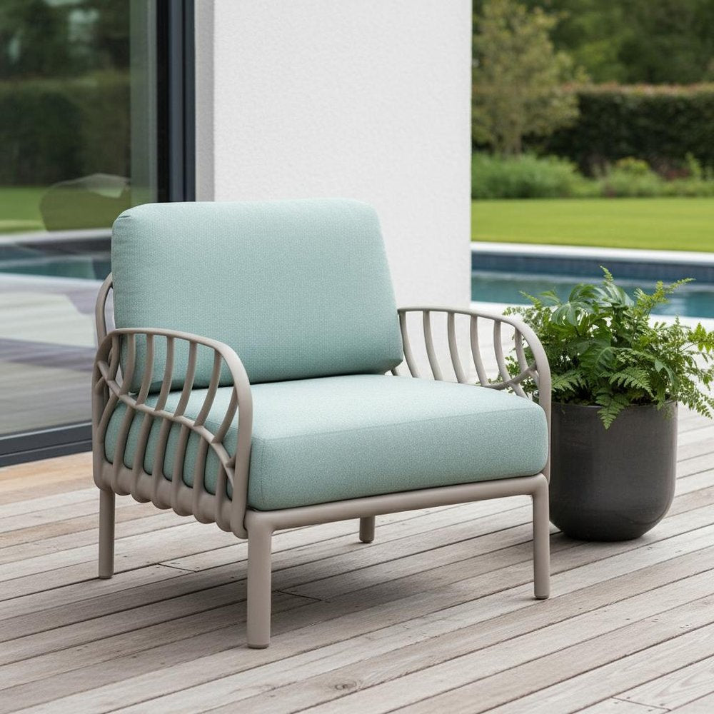 31" Gray Heavy Duty Plastic Outdoor Armchair With Sea Green Cushion