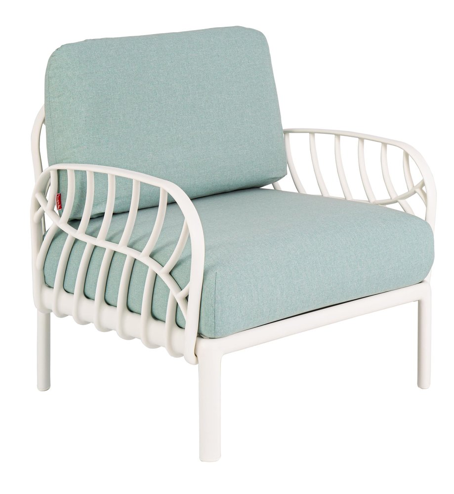 31" White Heavy Duty Plastic Outdoor Armchair With Sea Green Cushion