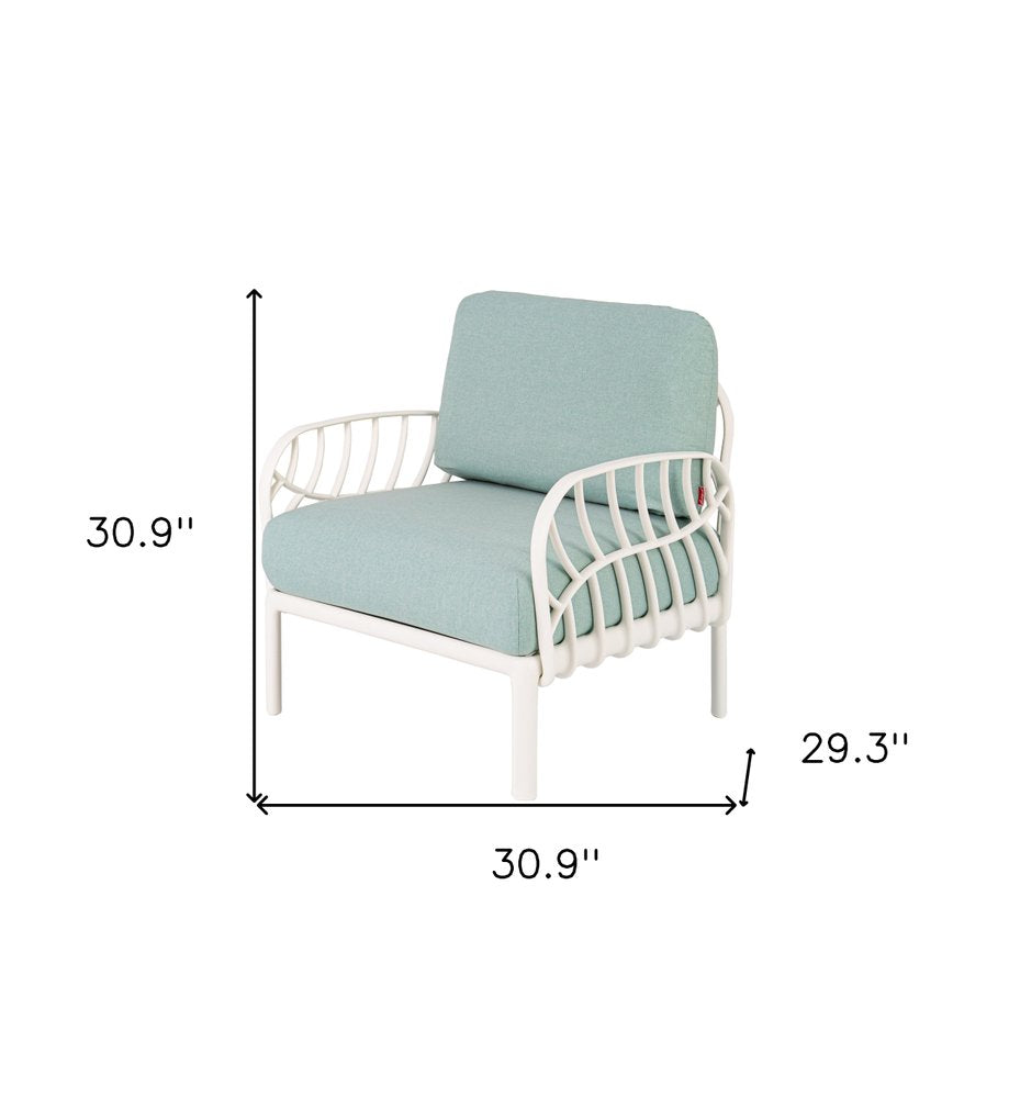 31" White Heavy Duty Plastic Outdoor Armchair With Sea Green Cushion