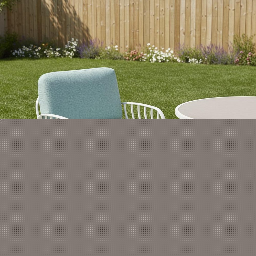 31" White Heavy Duty Plastic Outdoor Armchair With Sea Green Cushion