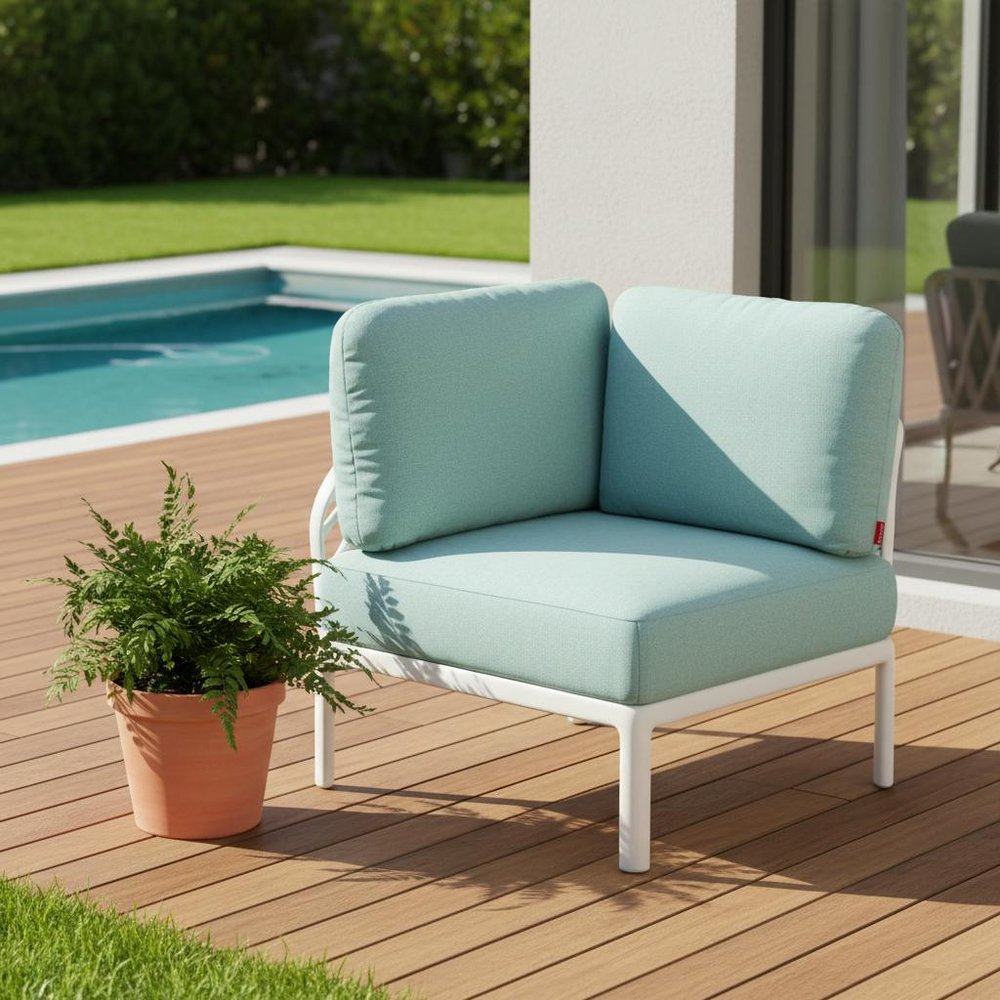31" White Heavy Duty Plastic Outdoor Modular with Sea Green Cushion