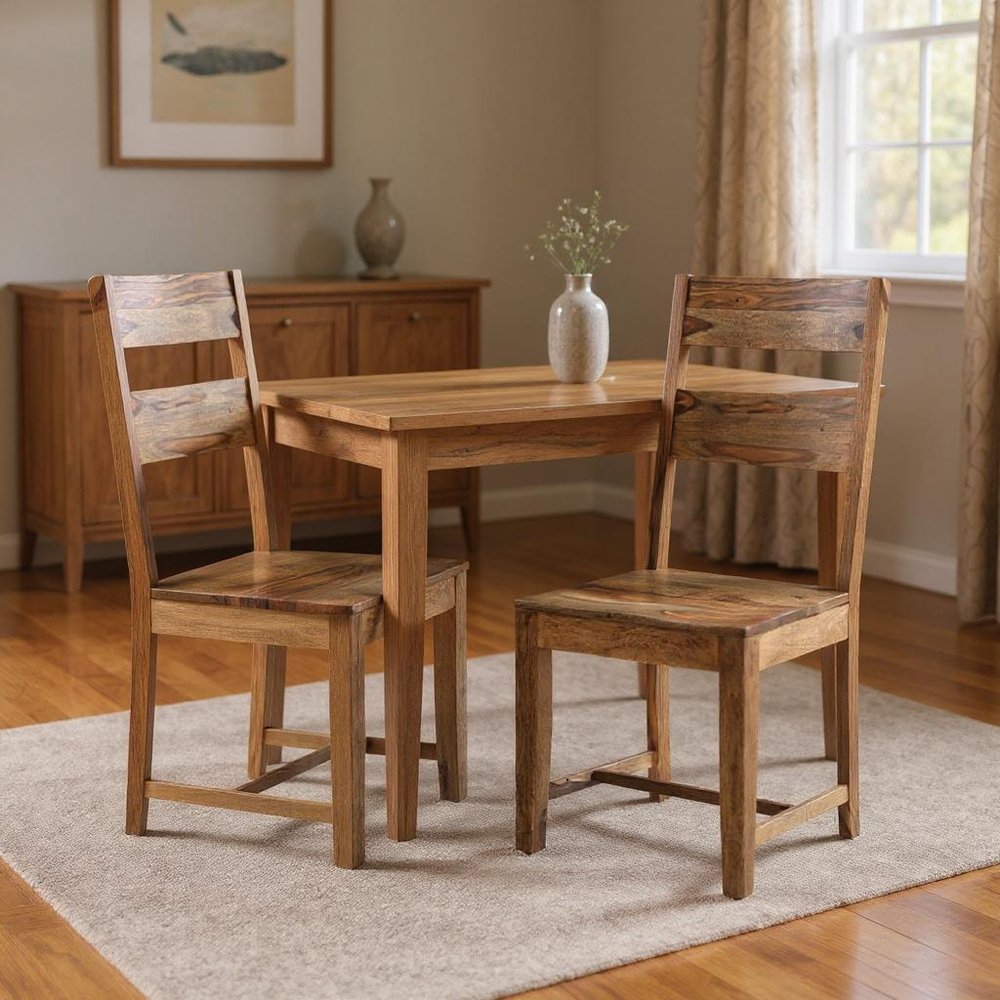 Set of Two Brown Solid Wood Ladder Back Dining Side Chairs