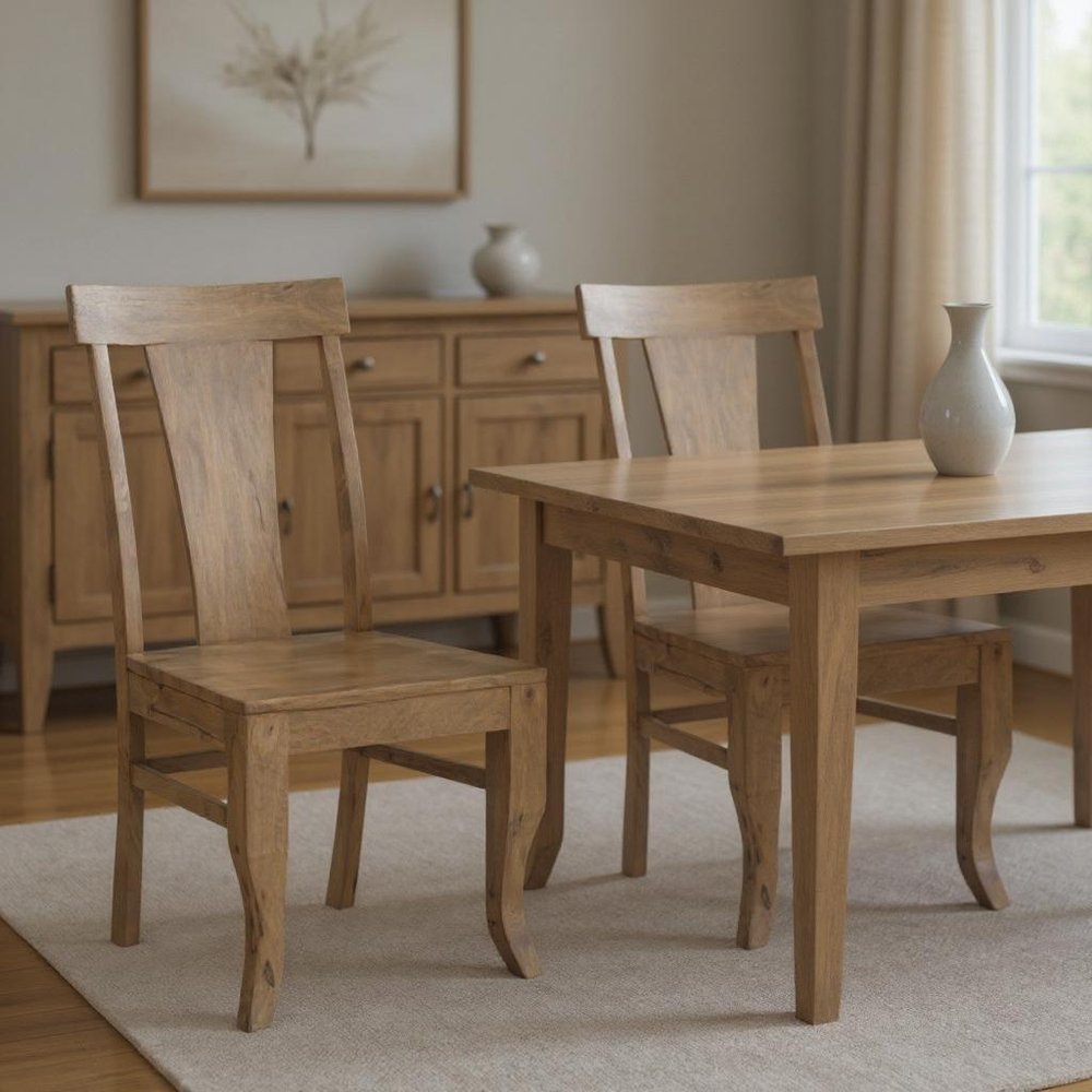 Set of Two Brown Solid Wood Slat Back Dining Side Chairs