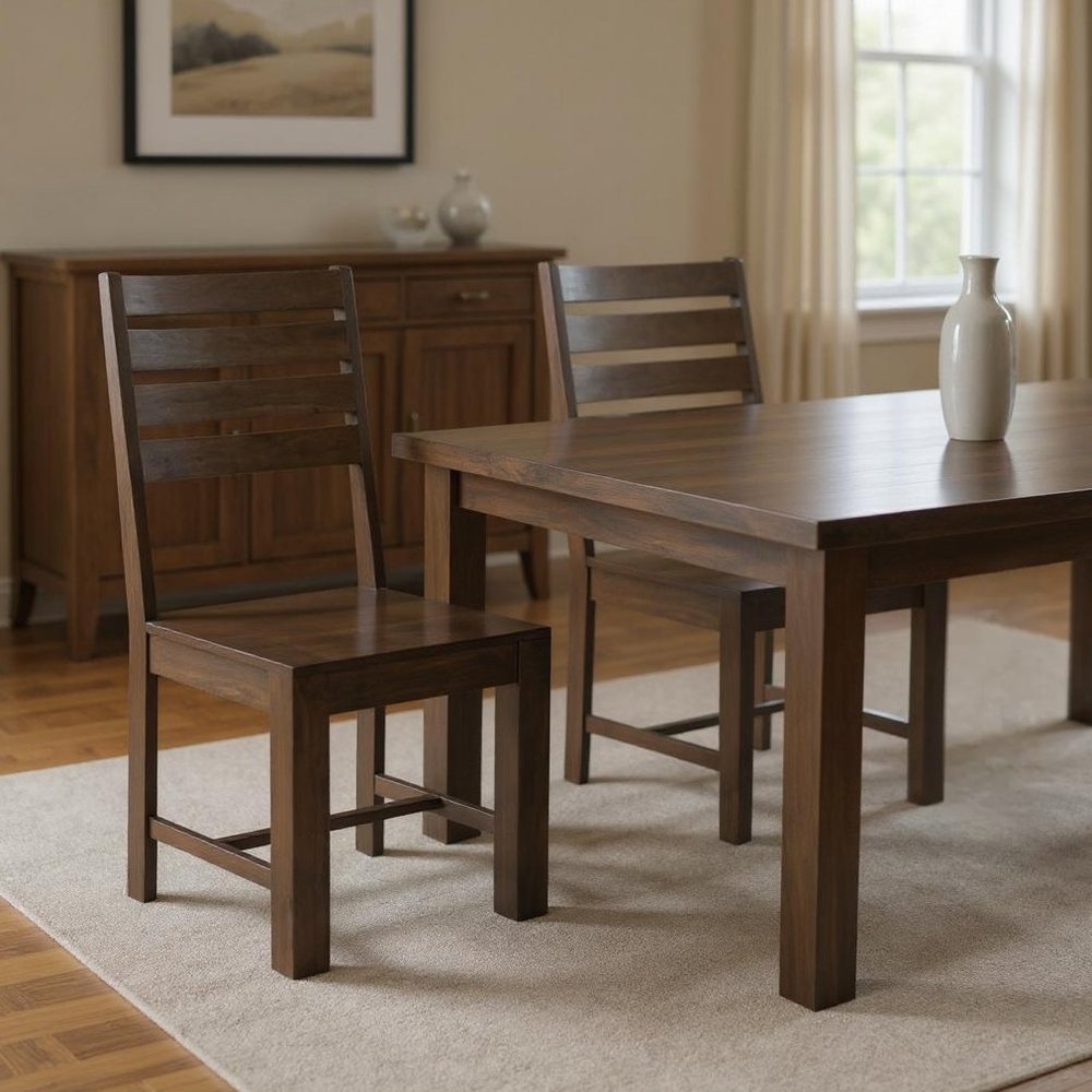 Set of Two Brown Solid Wood Ladder Back Dining Side Chairs