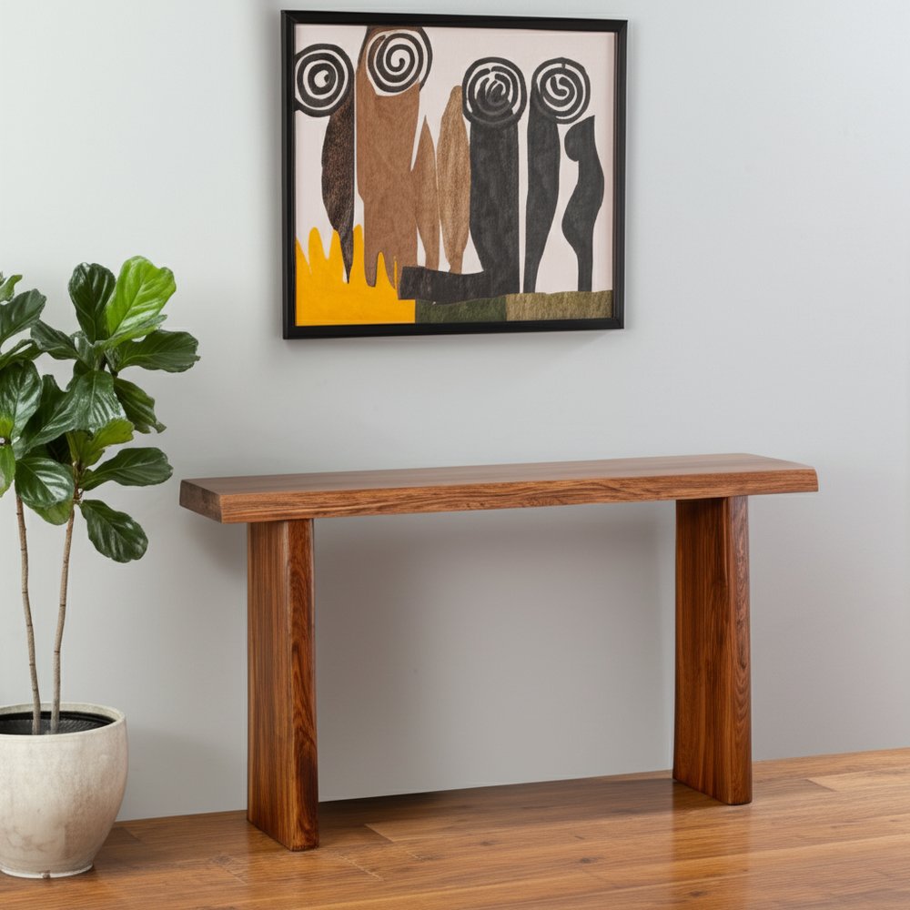 60" Brown Solid Wood Double Pedestal Live Edge Console Table