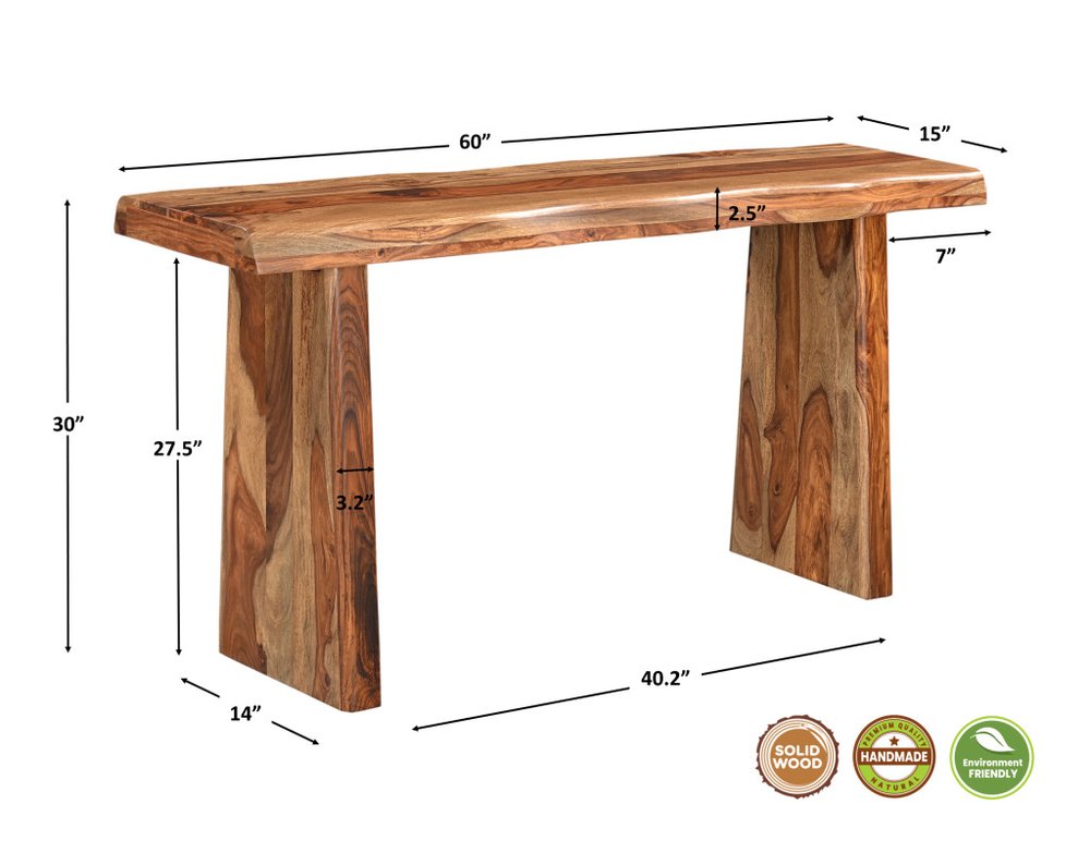 60" Brown Solid Wood Double Pedestal Live Edge Console Table