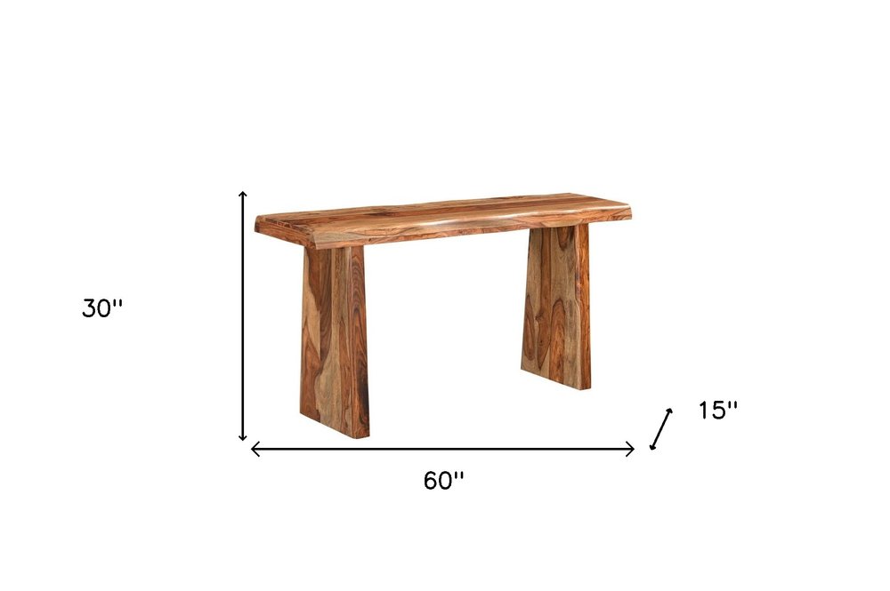60" Brown Solid Wood Double Pedestal Live Edge Console Table