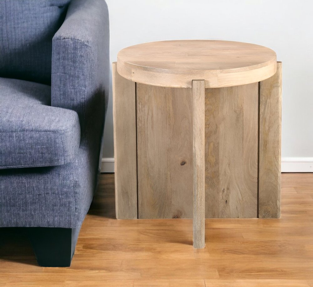 24" Natural Solid Wood Round Cross Leg End Table