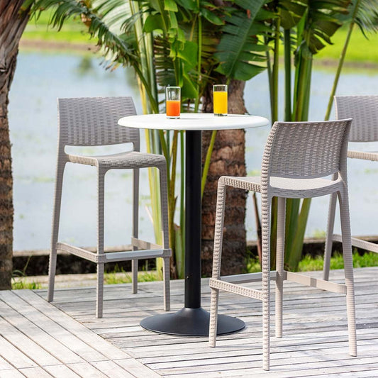 Set of Two 30" Taupe Faux Rattan Outdoor Bar Height Chairs