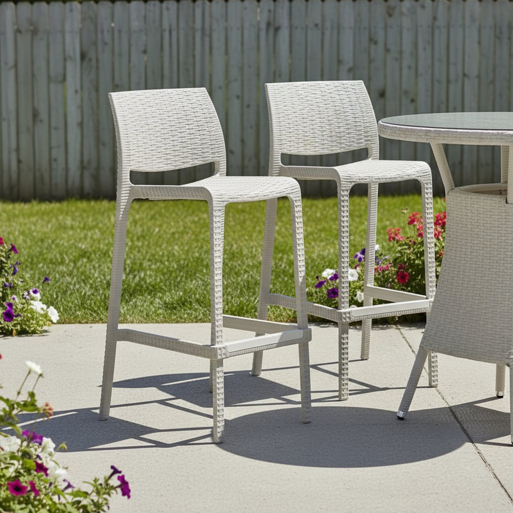 Set of Two 30" Taupe Faux Rattan Outdoor Bar Height Chairs