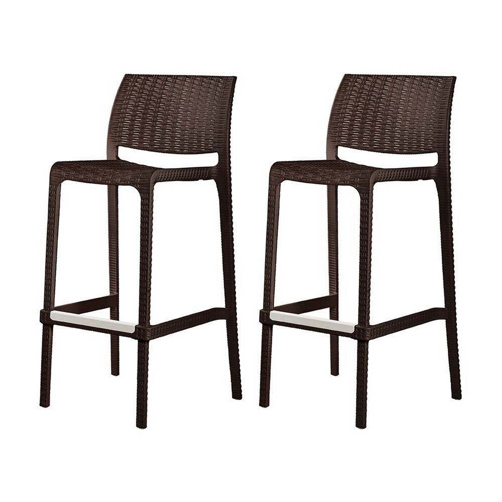 Set of Two 30" Brown Faux Rattan Low Back Outdoor Bar Height Chairs