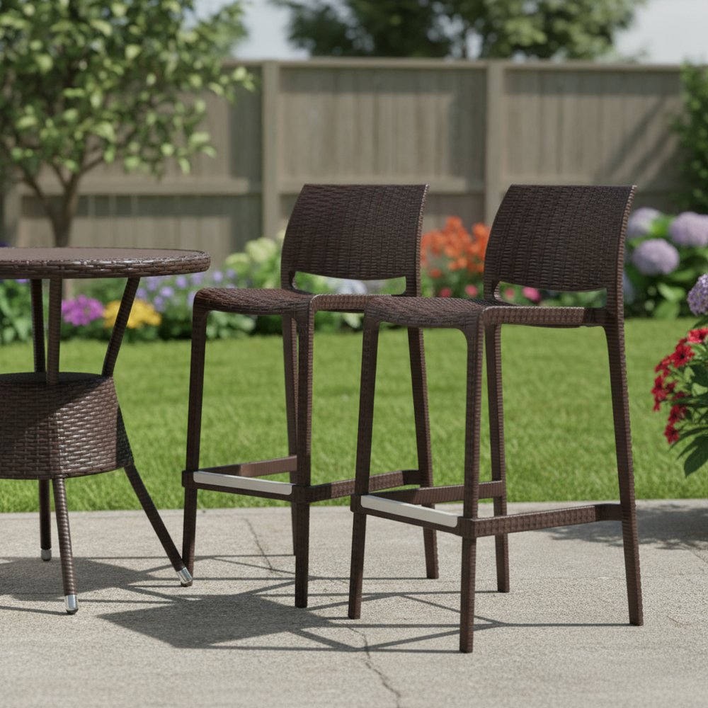 Set of Two 30" Brown Faux Rattan Low Back Outdoor Bar Height Chairs