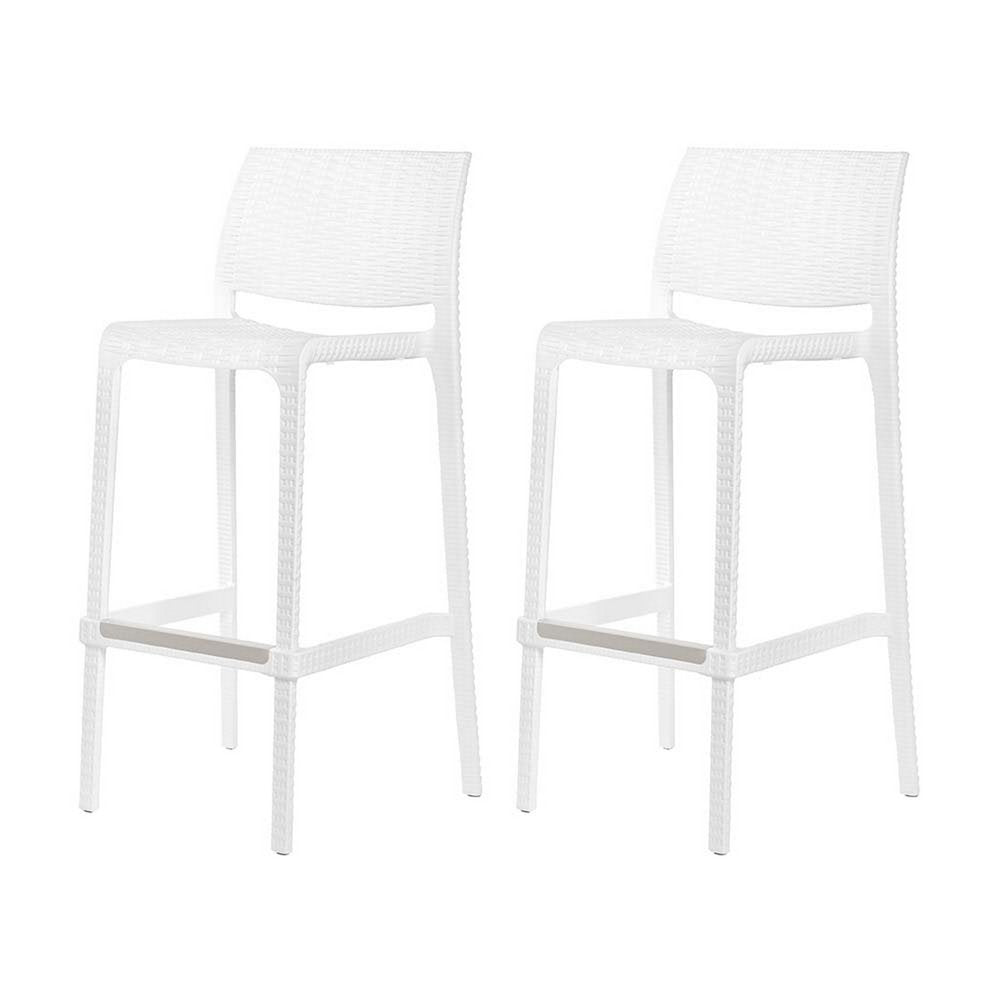 Set of Two 30" White Faux Rattan Low Back Outdoor Bar Height Chairs