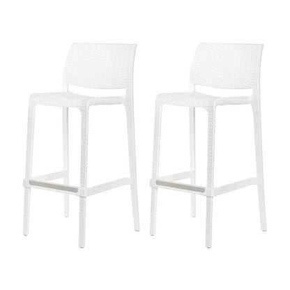 Set of Two 30" White Faux Rattan Low Back Outdoor Bar Height Chairs