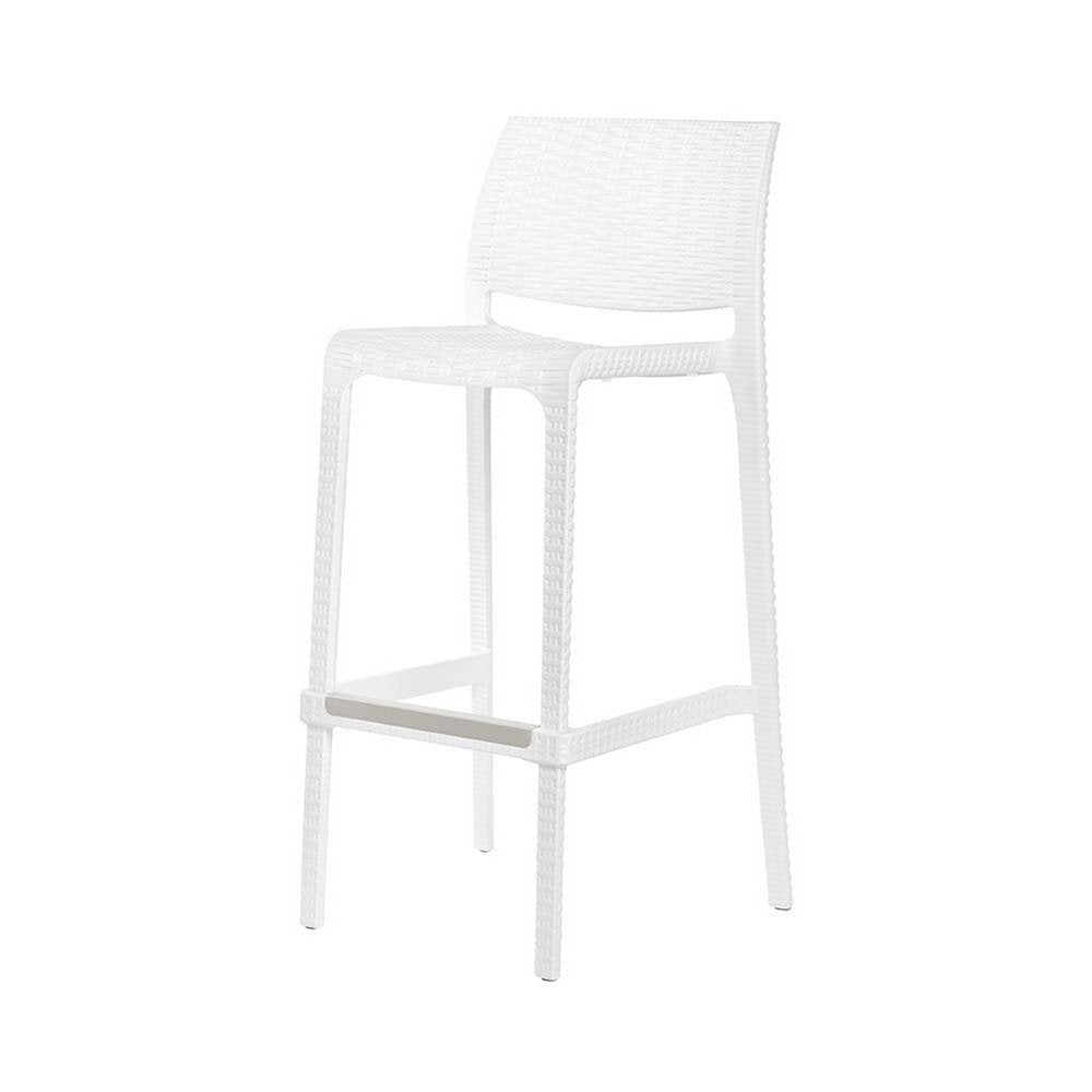 Set of Two 30" White Faux Rattan Low Back Outdoor Bar Height Chairs