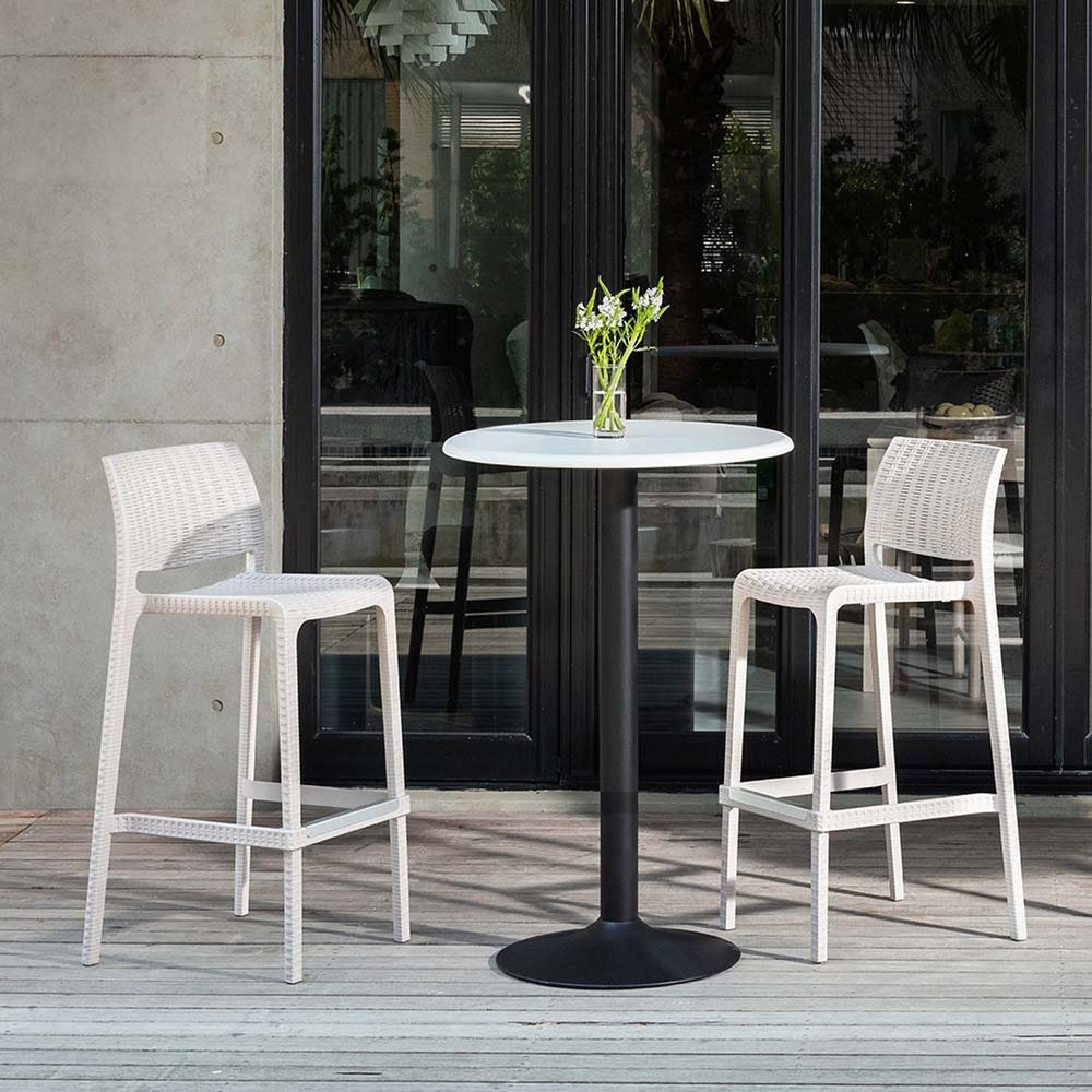 Set of Two 30" White Faux Rattan Low Back Outdoor Bar Height Chairs
