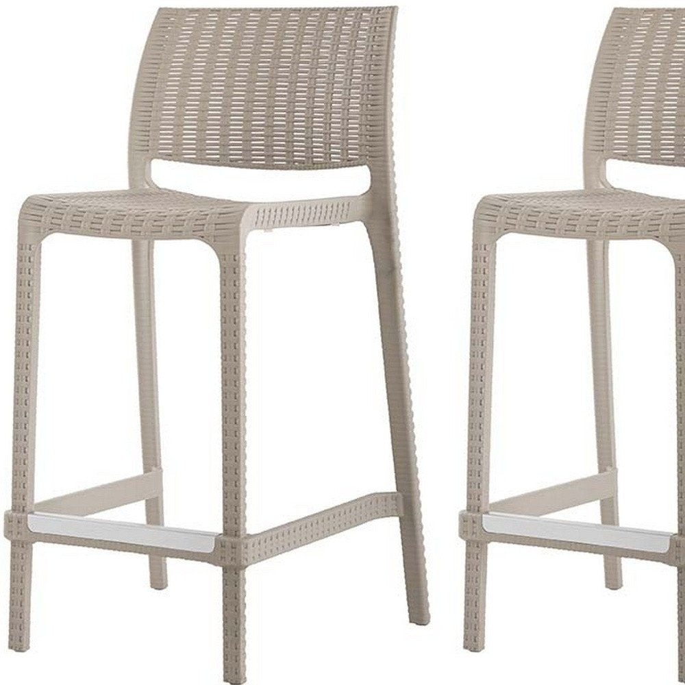 Set of Two 26" Taupe Faux Rattan Low Back Outdoor Counter Height Bar Chairs