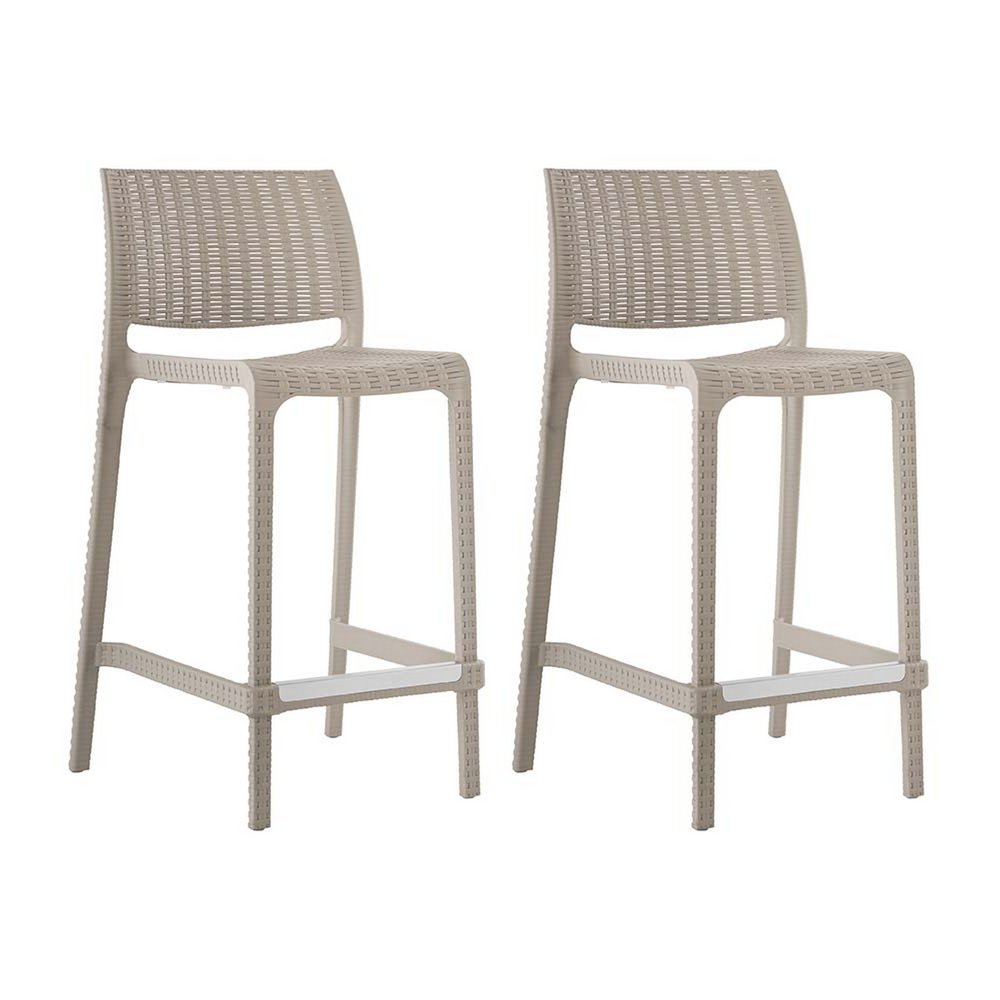 Set of Two 26" Taupe Faux Rattan Low Back Outdoor Counter Height Bar Chairs