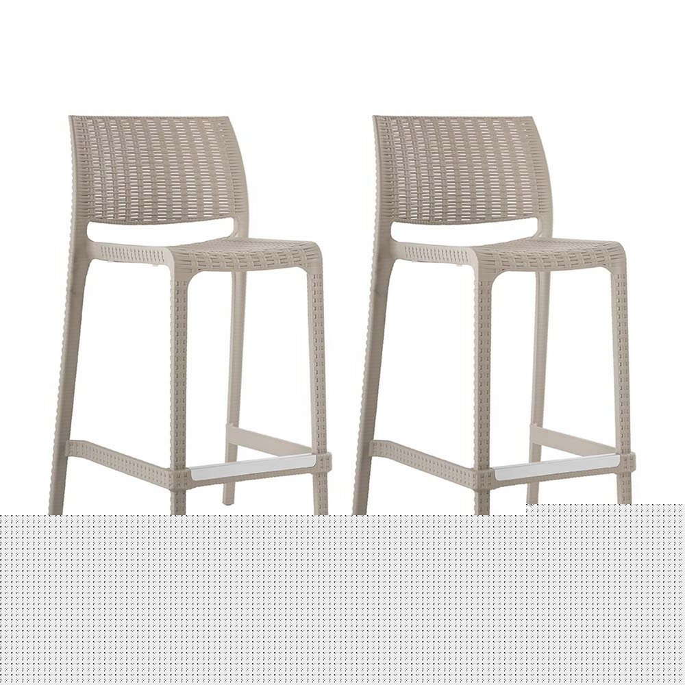 Set of Two 26" Taupe Faux Rattan Low Back Outdoor Counter Height Bar Chairs