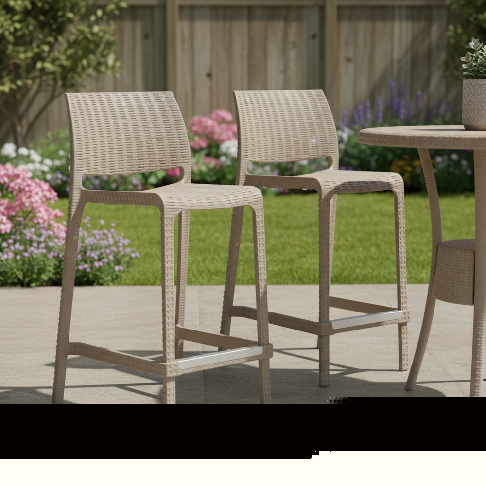 Set of Two 26" Taupe Faux Rattan Low Back Outdoor Counter Height Bar Chairs