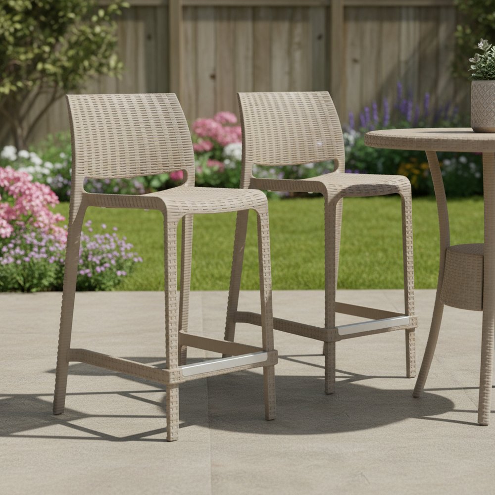 Set of Two 26" Taupe Faux Rattan Low Back Outdoor Counter Height Bar Chairs