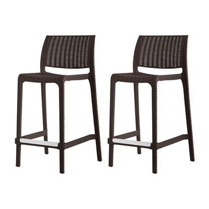 Set of Two 26" Brown Faux Rattan Low Back Outdoor Counter Height Bar Chairs