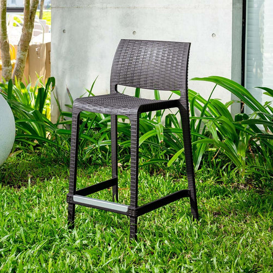 Set of Two 26" Brown Faux Rattan Low Back Outdoor Counter Height Bar Chairs