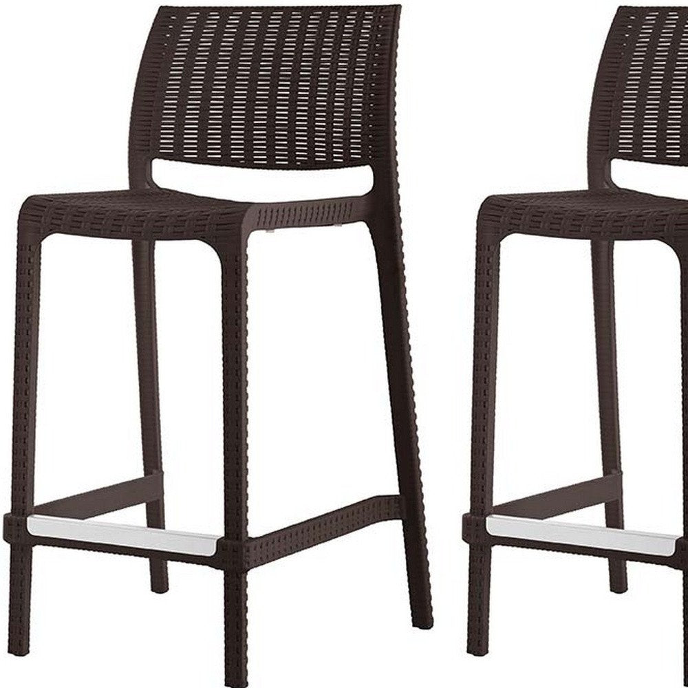 Set of Two 26" Brown Faux Rattan Low Back Outdoor Counter Height Bar Chairs