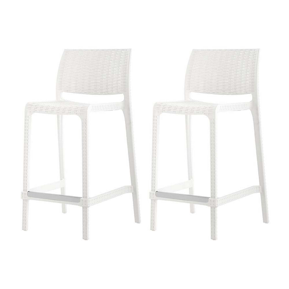 Set of Two 26" White Faux Rattan Low Back Outdoor Counter Height Bar Chairs