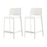 Set of Two 26" White Faux Rattan Low Back Outdoor Counter Height Bar Chairs