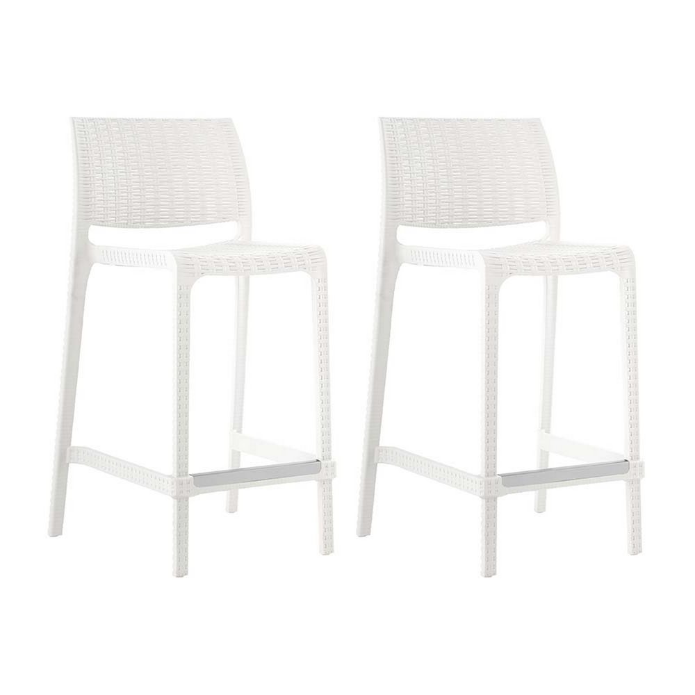 Set of Two 26" White Faux Rattan Low Back Outdoor Counter Height Bar Chairs