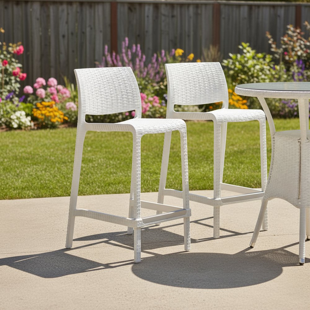 Set of Two 26" White Faux Rattan Low Back Outdoor Counter Height Bar Chairs