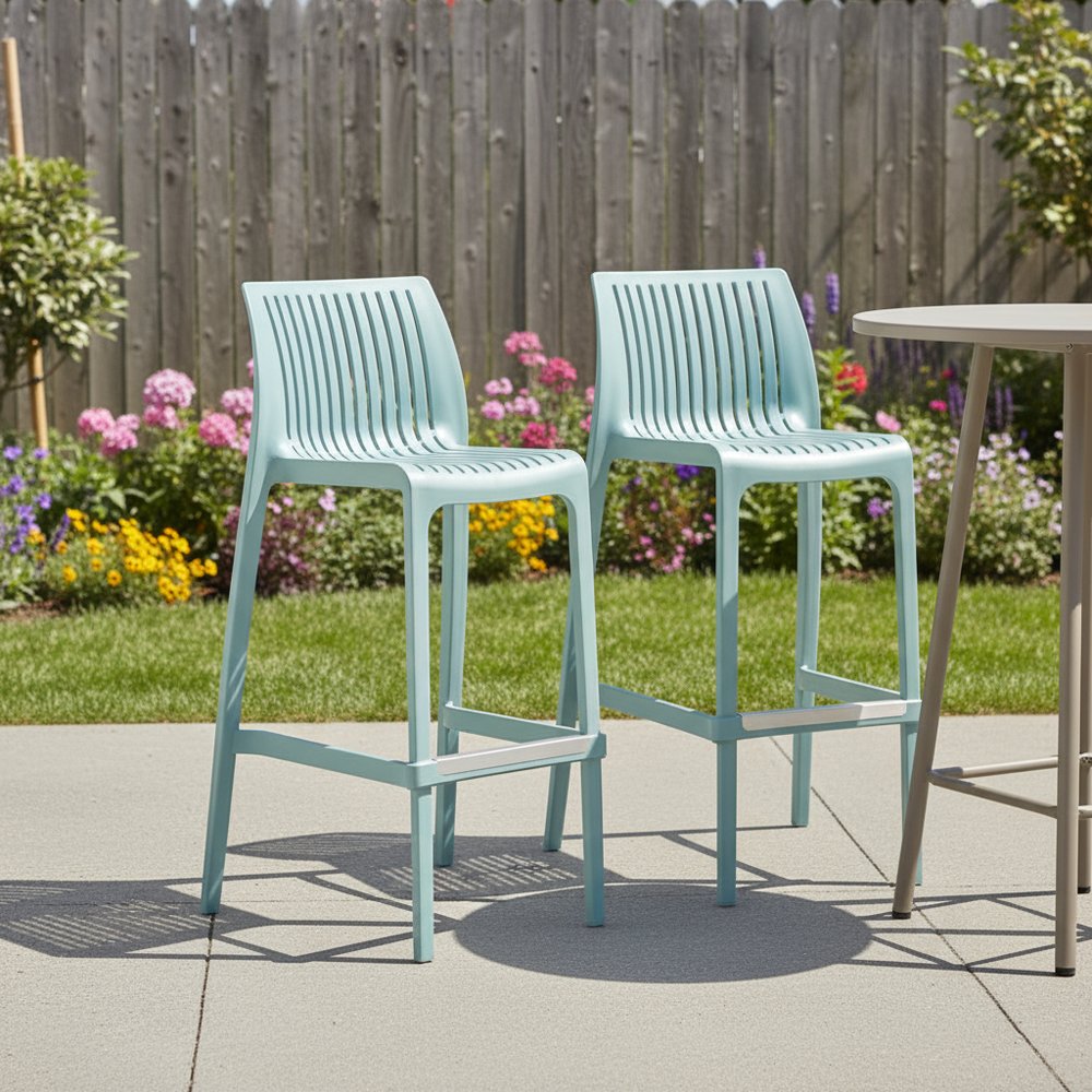 Set of Two 30" Baby Blue Heavy Duty Plastic Low Back Outdoor Bar Height Chairs
