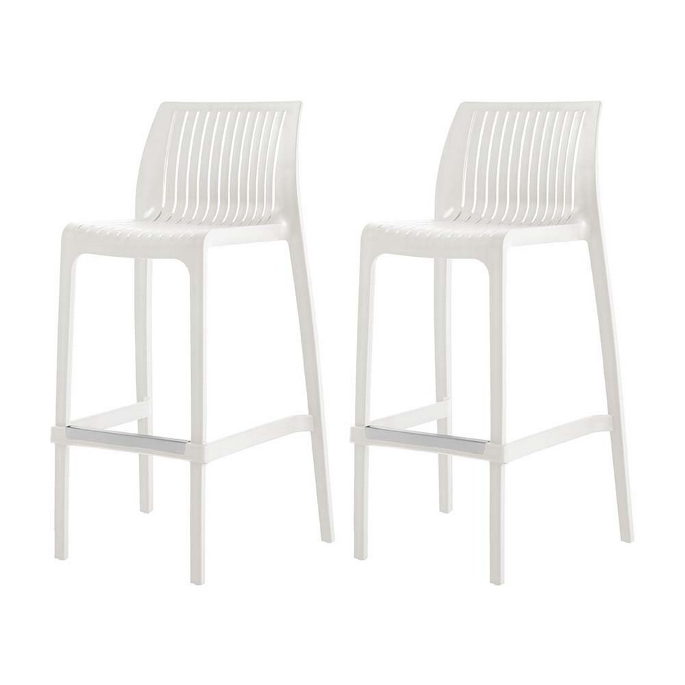Set of Two 30" White Heavy Duty Plastic Low Back Outdoor Bar Height Chairs