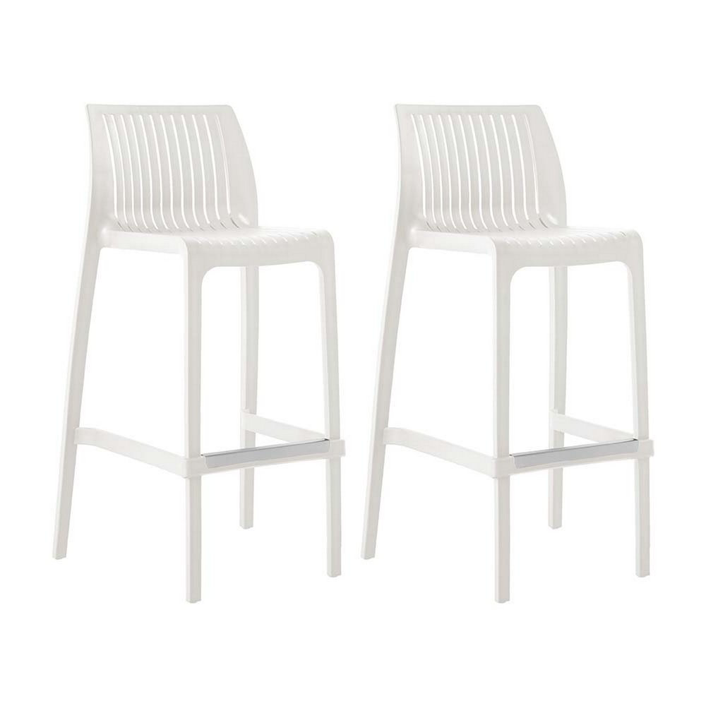 Set of Two 30" White Heavy Duty Plastic Low Back Outdoor Bar Height Chairs