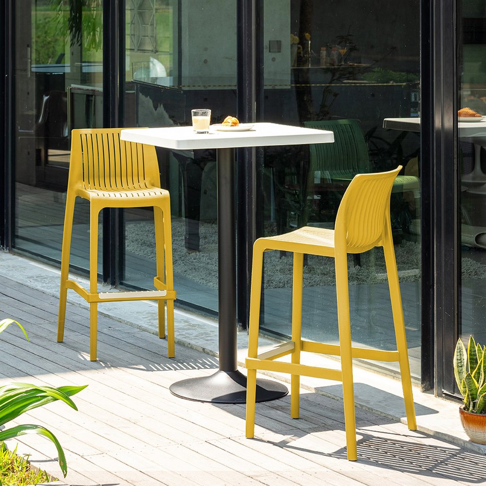 Set of Two 30" Yellow Heavy Duty Plastic Outdoor Bar Height Chairs