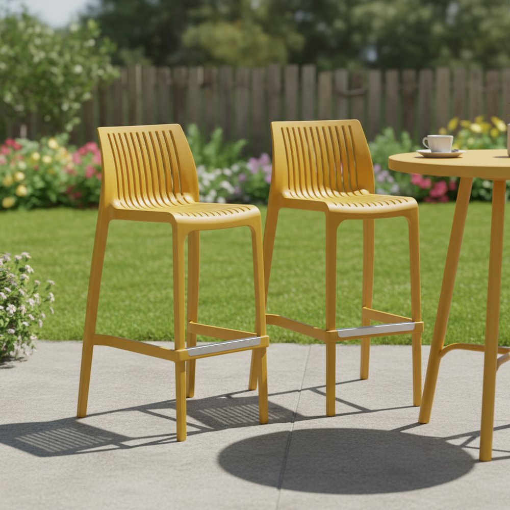 Set of Two 30" Yellow Heavy Duty Plastic Outdoor Bar Height Chairs