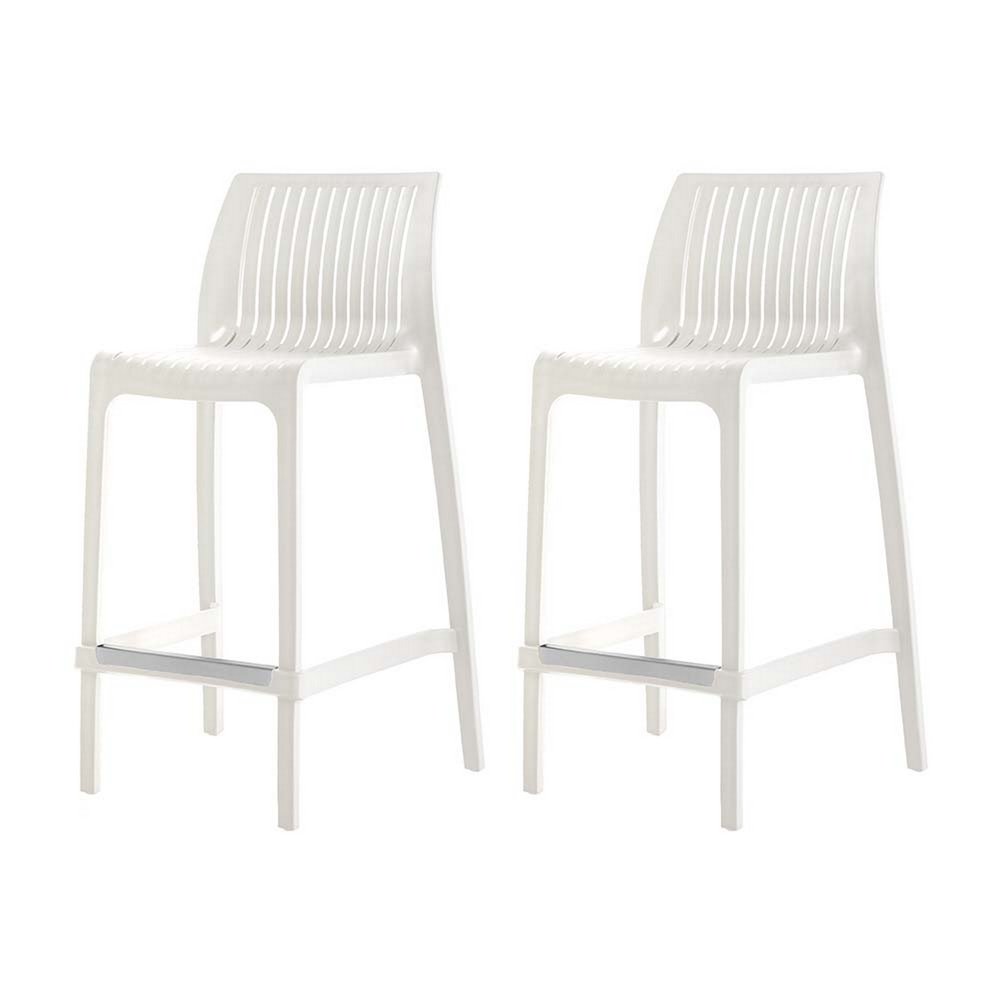 Set of Two 26" White Heavy Duty Plastic Low Back Outdoor Counter Height Bar Chairs