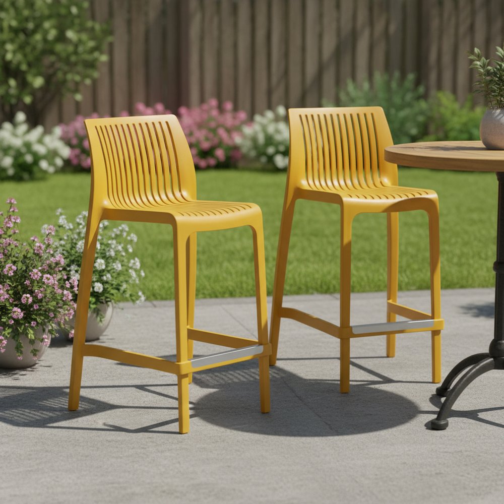Set of Two 26" Yellow Heavy Duty Plastic Low Back Outdoor Counter Height Bar Chairs