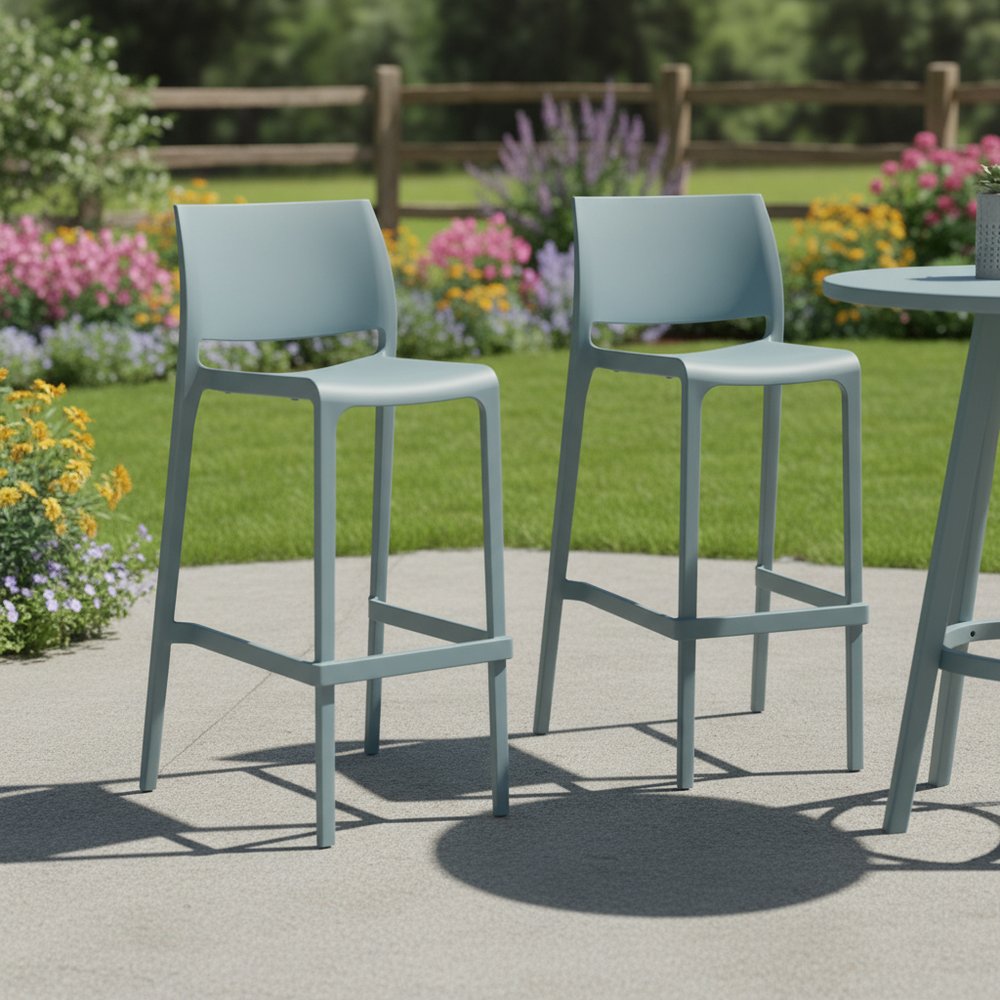 Set of Two 30" Baby Blue Heavy Duty Plastic Low Back Outdoor Bar Height Chairs
